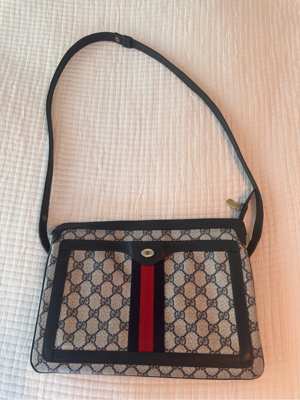 Gucci Beige GG Canvas Shoulder Bag with Black Trim and Red/Navy Web